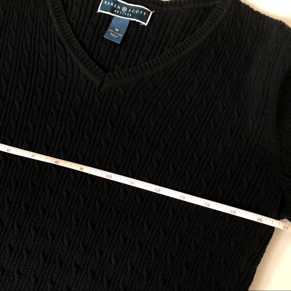 Karen Scott Cable Knit Cotton Sweater Top V Neck 3/4 Sleeve Black Petite - Picture 5 of 7